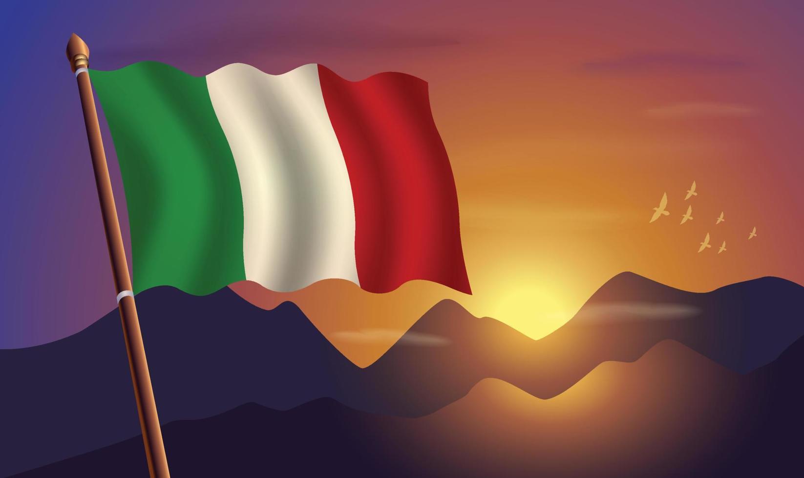 Italia bandera con montañas y puesta de sol en el antecedentes vector