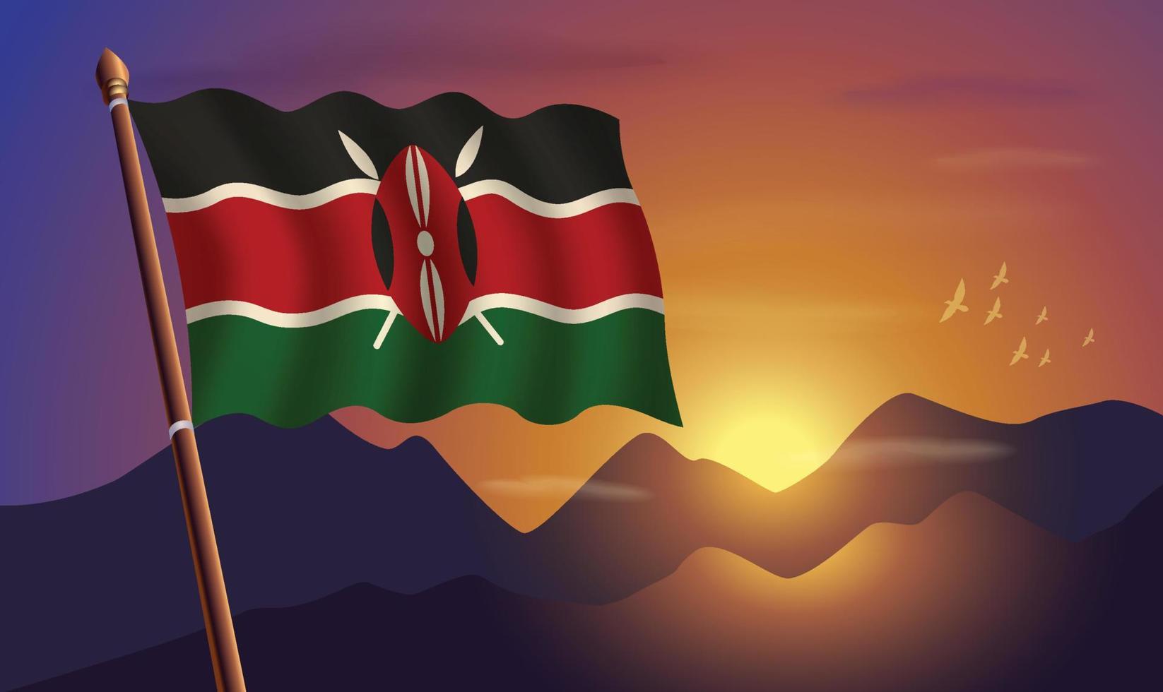 Kenia bandera con montañas y puesta de sol en el antecedentes vector