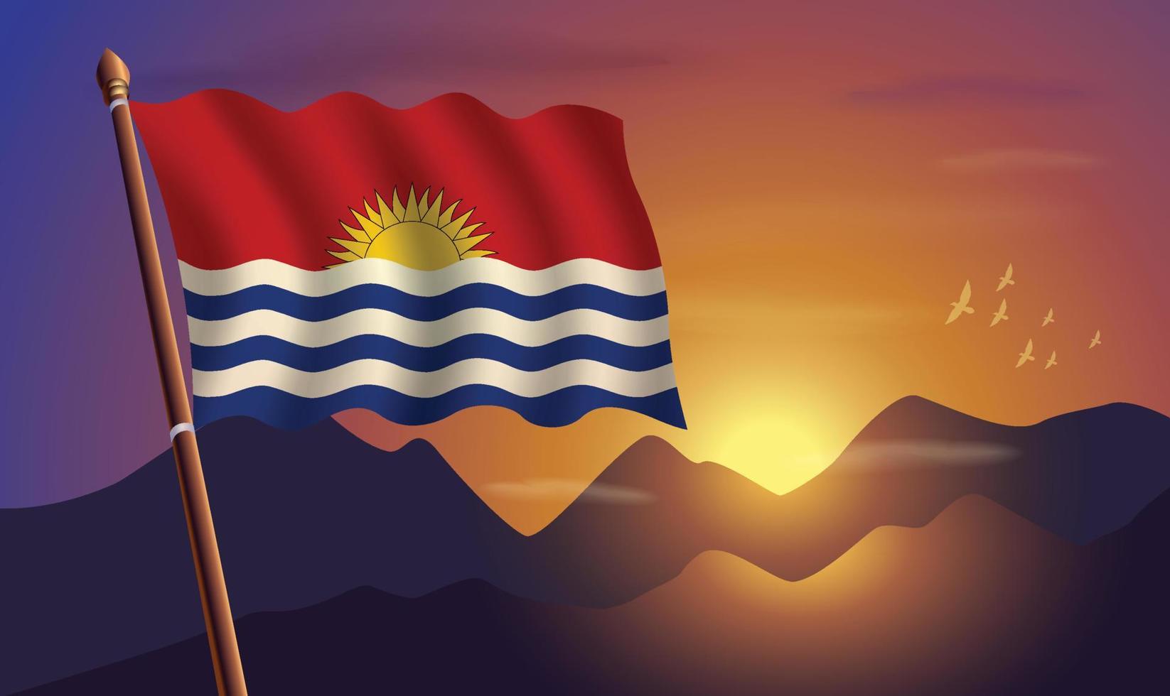 Kiribati flag with mountains and sunset in the background vector