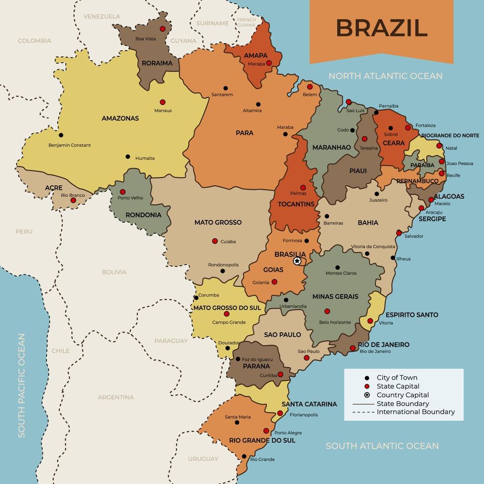 Map of Brazil and Surrounding Borders vector