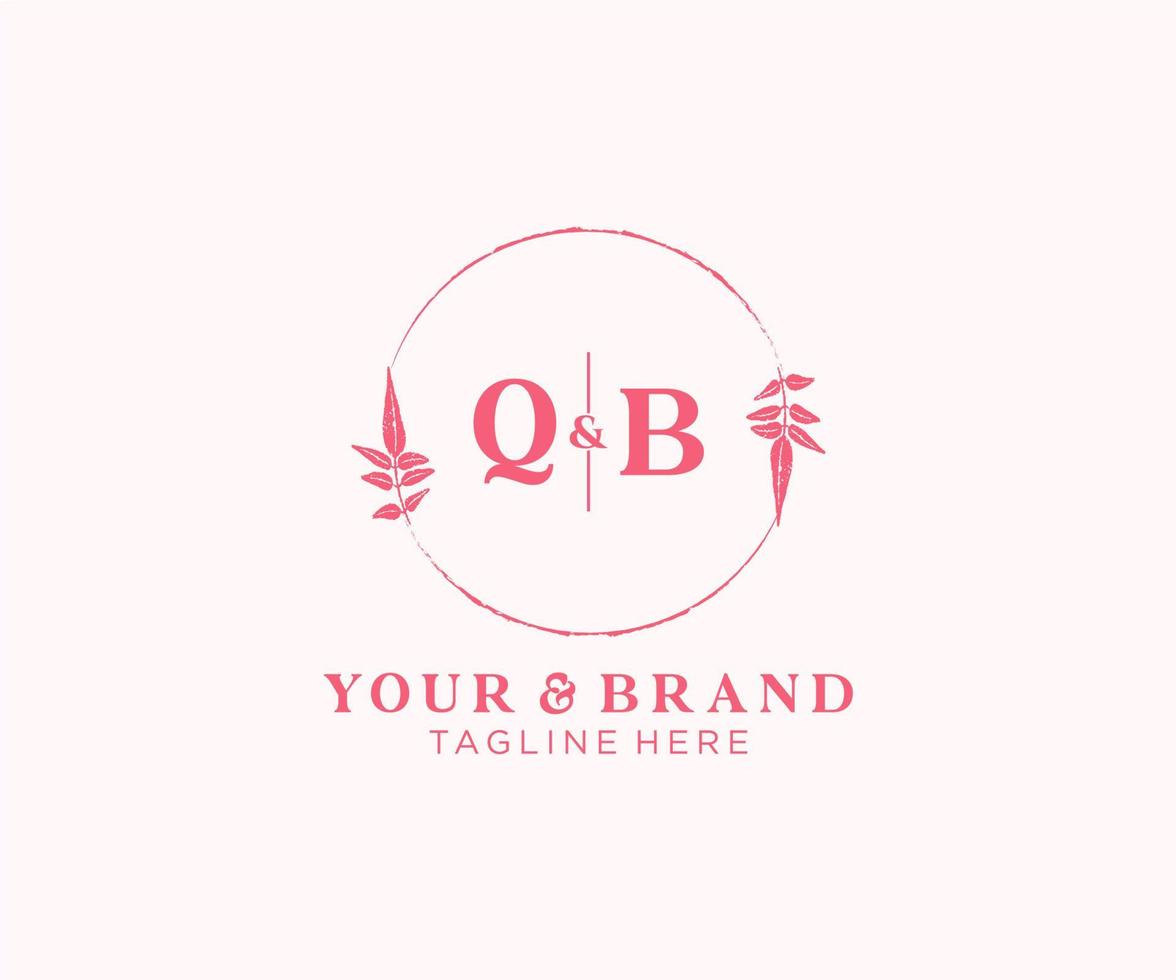 initial QB letters floral frames. Botanical feminine editable premade monoline unique decoration for greeting card, wedding invitation. vector