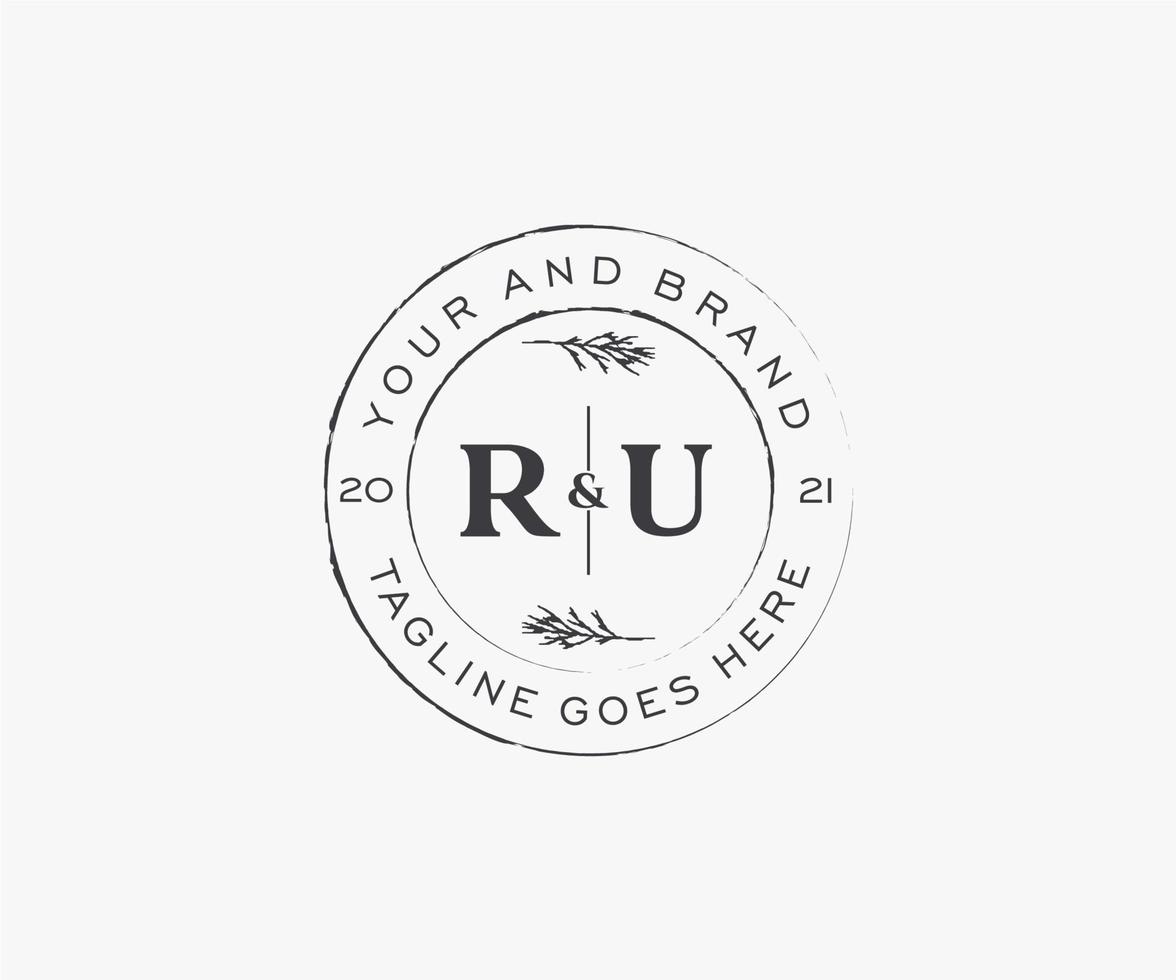 initial RU letters floral frames. Botanical feminine editable premade monoline unique decoration for greeting card, wedding invitation. vector