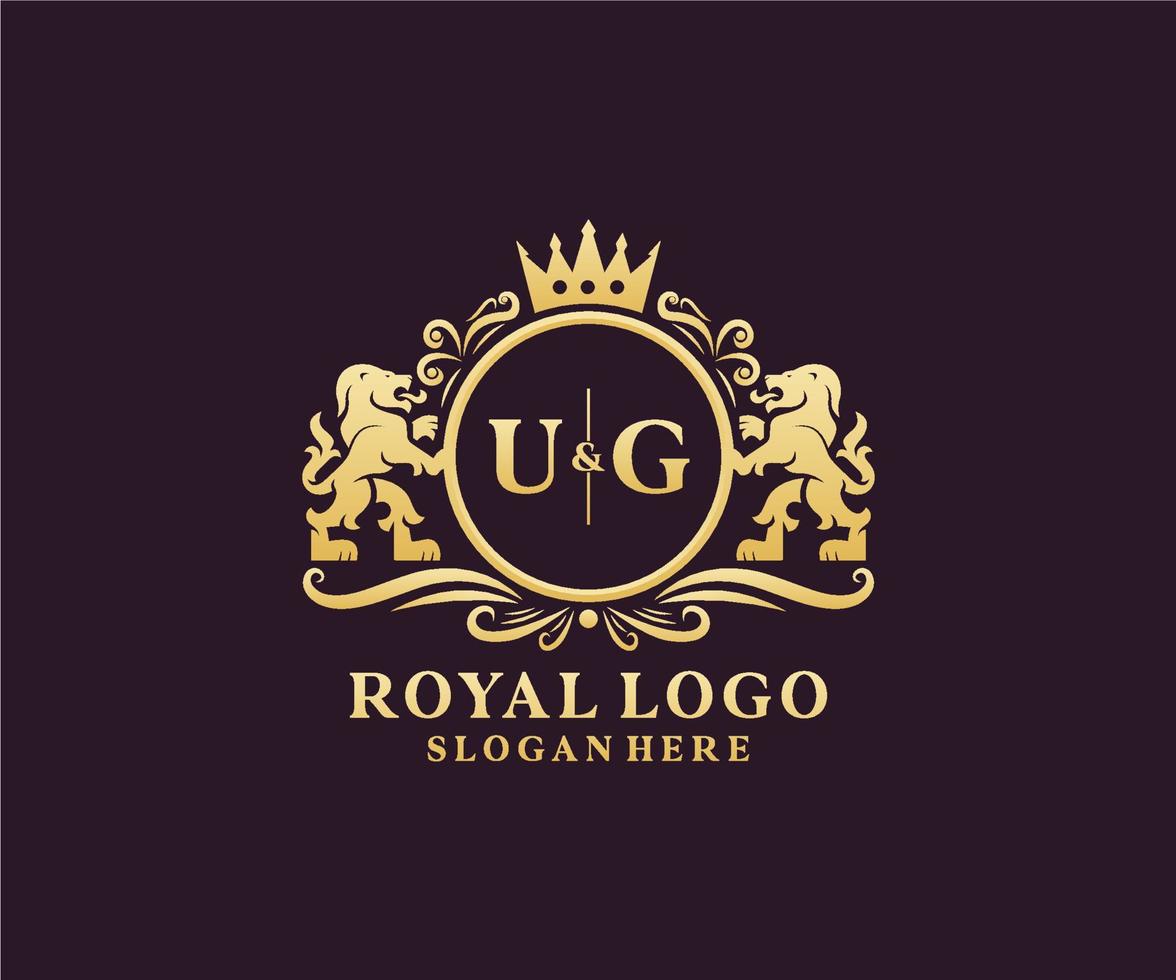 Initial UG Letter Lion Royal Luxury Logo template in vector art for Restaurant, Royalty, Boutique, Cafe, Hotel, Heraldic, Jewelry, Fashion and other vector illustration.