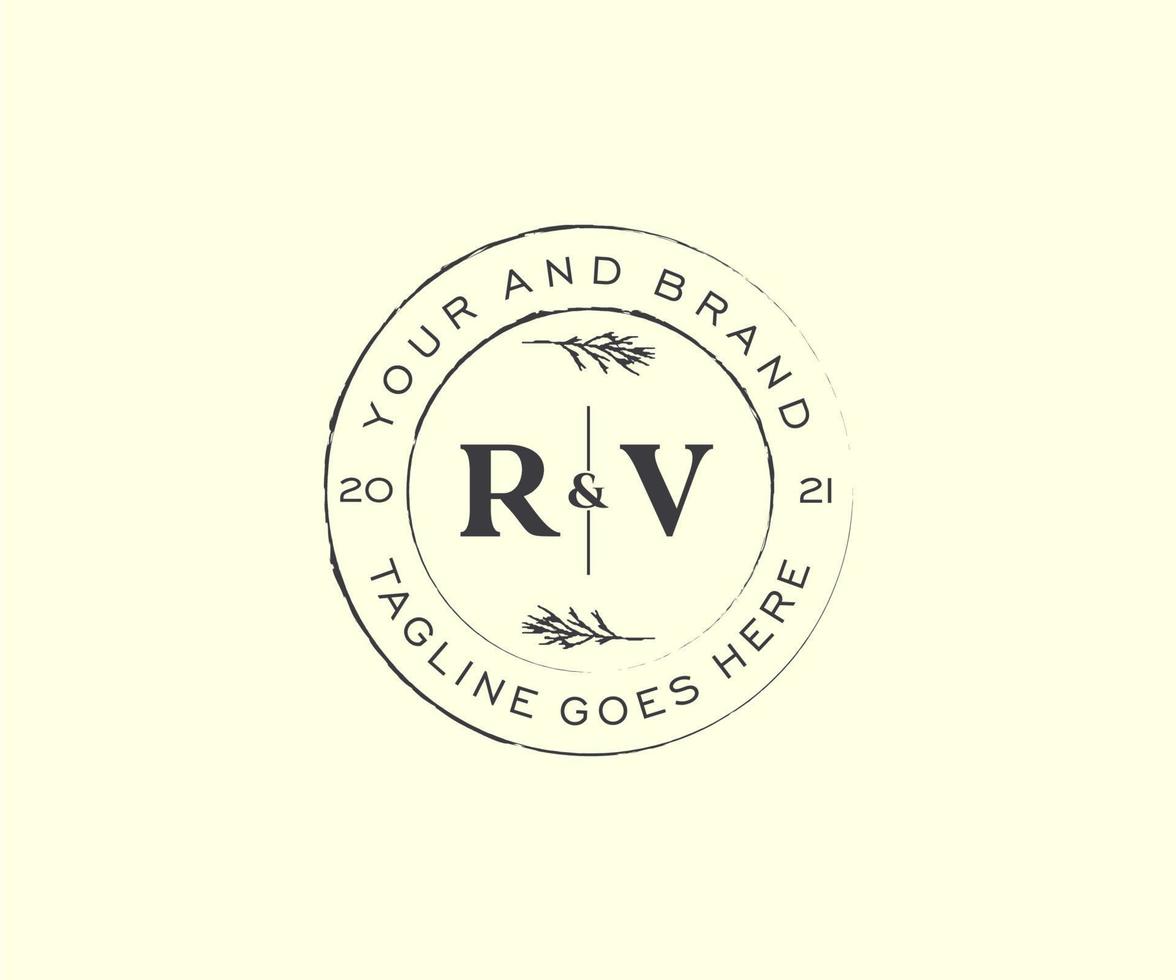 initial RV letters floral frames. Botanical feminine editable premade monoline unique decoration for greeting card, wedding invitation. vector