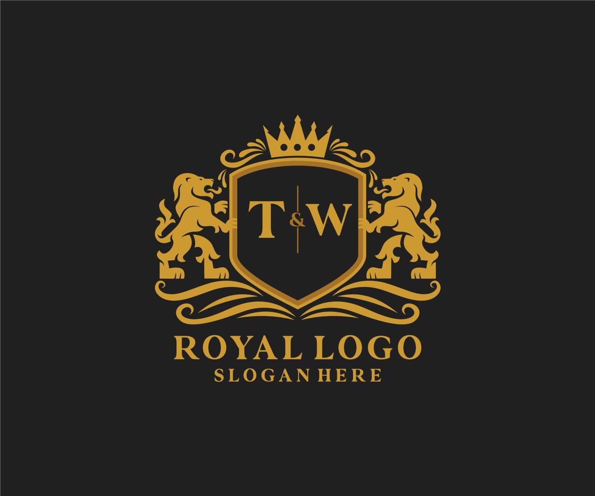 Initial TW Letter Lion Royal Luxury Logo template in vector art for Restaurant, Royalty, Boutique, Cafe, Hotel, Heraldic, Jewelry, Fashion and other vector illustration.