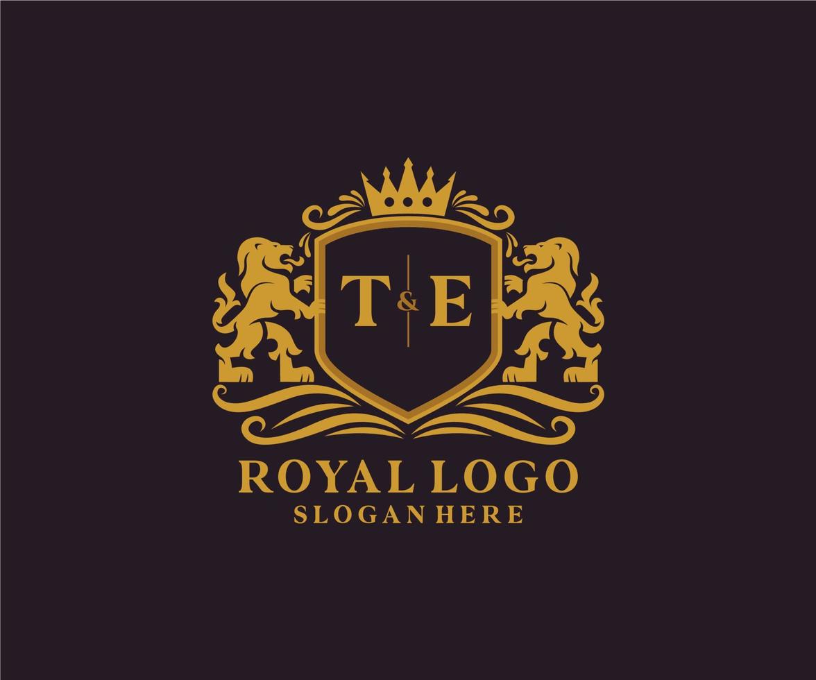 Initial TE Letter Lion Royal Luxury Logo template in vector art for Restaurant, Royalty, Boutique, Cafe, Hotel, Heraldic, Jewelry, Fashion and other vector illustration.