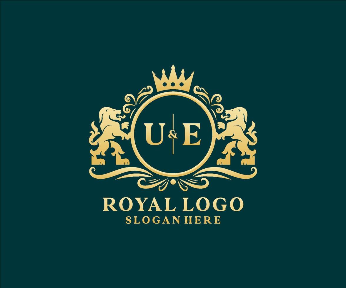 Initial UE Letter Lion Royal Luxury Logo template in vector art for Restaurant, Royalty, Boutique, Cafe, Hotel, Heraldic, Jewelry, Fashion and other vector illustration.