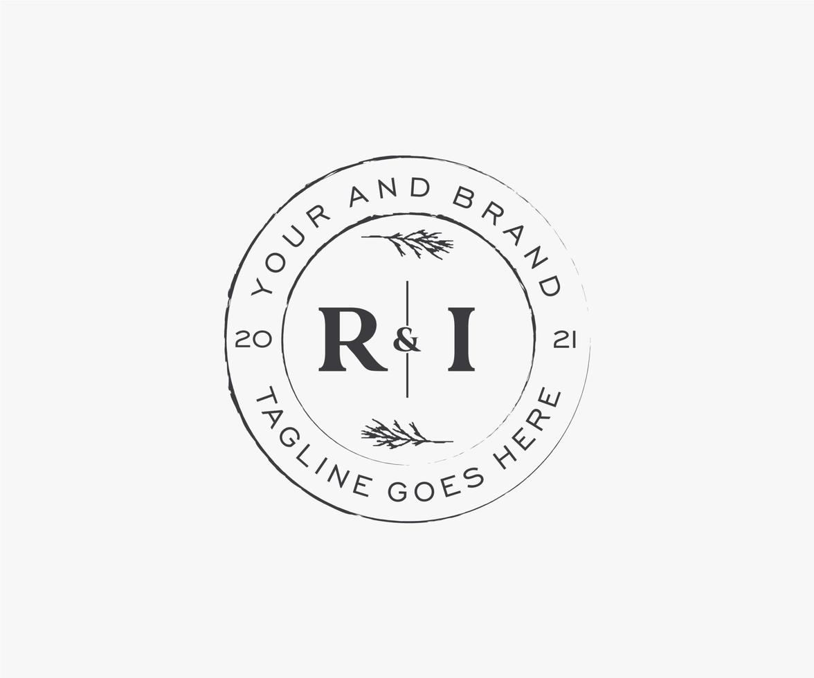 initial RI letters floral frames. Botanical feminine editable premade monoline unique decoration for greeting card, wedding invitation. vector