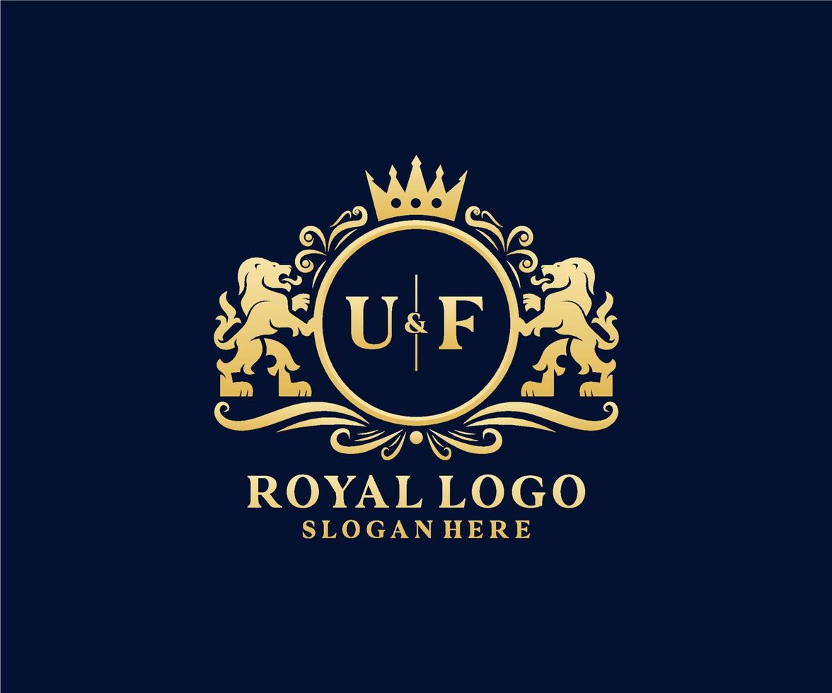 Initial UF Letter Lion Royal Luxury Logo template in vector art for Restaurant, Royalty, Boutique, Cafe, Hotel, Heraldic, Jewelry, Fashion and other vector illustration.