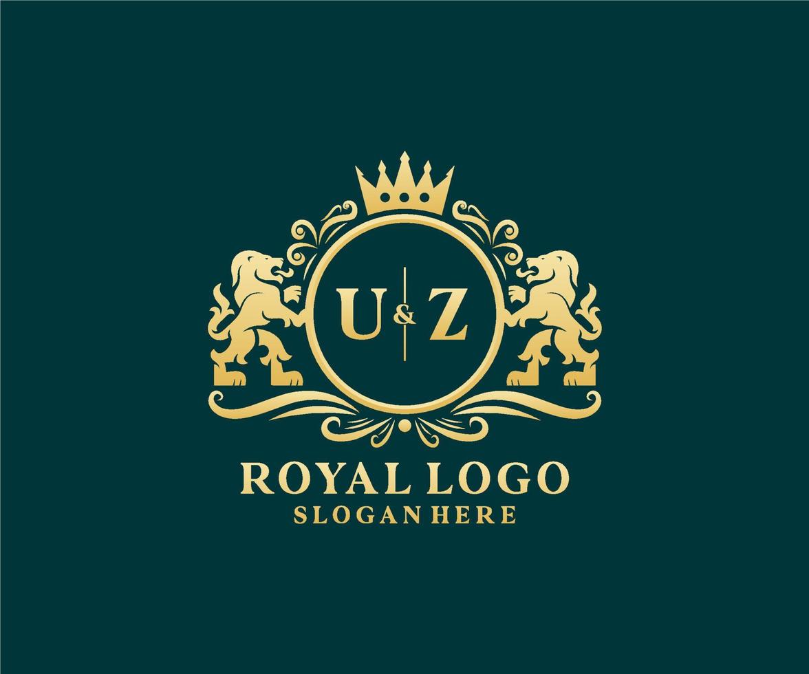 Initial UZ Letter Lion Royal Luxury Logo template in vector art for Restaurant, Royalty, Boutique, Cafe, Hotel, Heraldic, Jewelry, Fashion and other vector illustration.