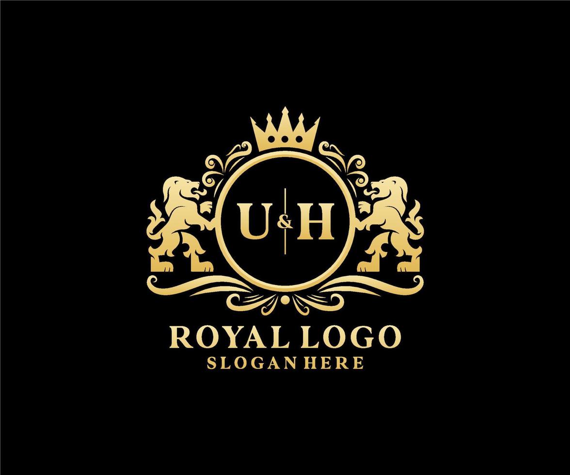 plantilla de logotipo de lujo real de león de letra uh inicial en arte vectorial para restaurante, realeza, boutique, cafetería, hotel, heráldica, joyería, moda y otras ilustraciones vectoriales. vector