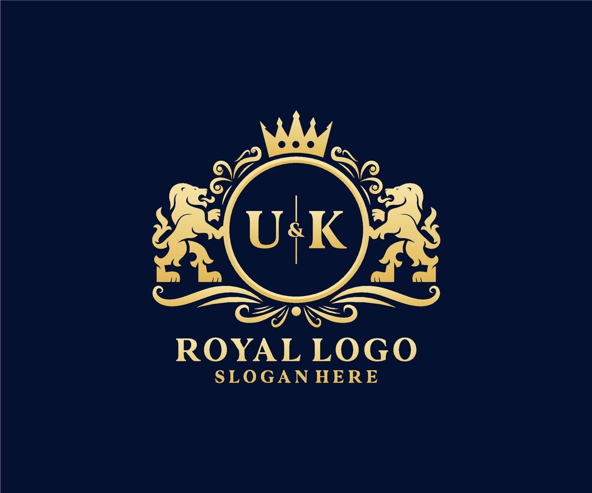 Initial UK Letter Lion Royal Luxury Logo template in vector art for Restaurant, Royalty, Boutique, Cafe, Hotel, Heraldic, Jewelry, Fashion and other vector illustration.