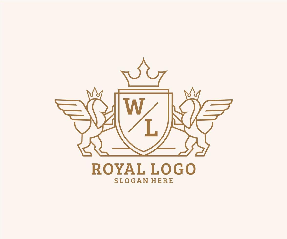 Initial WL Letter Lion Royal Luxury Heraldic,Crest Logo template in vector art for Restaurant, Royalty, Boutique, Cafe, Hotel, Heraldic, Jewelry, Fashion and other vector illustration.