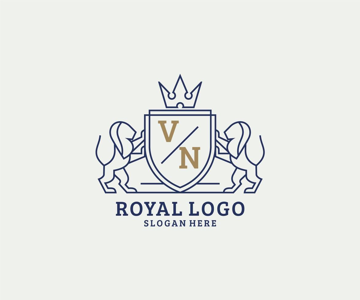 Initial VN Letter Lion Royal Luxury Logo template in vector art for Restaurant, Royalty, Boutique, Cafe, Hotel, Heraldic, Jewelry, Fashion and other vector illustration.