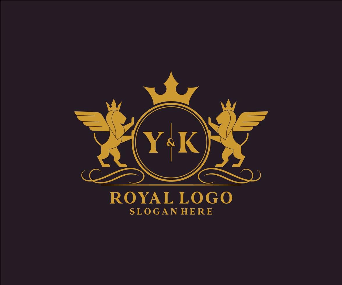 Initial YK Letter Lion Royal Luxury Heraldic,Crest Logo template in vector art for Restaurant, Royalty, Boutique, Cafe, Hotel, Heraldic, Jewelry, Fashion and other vector illustration.