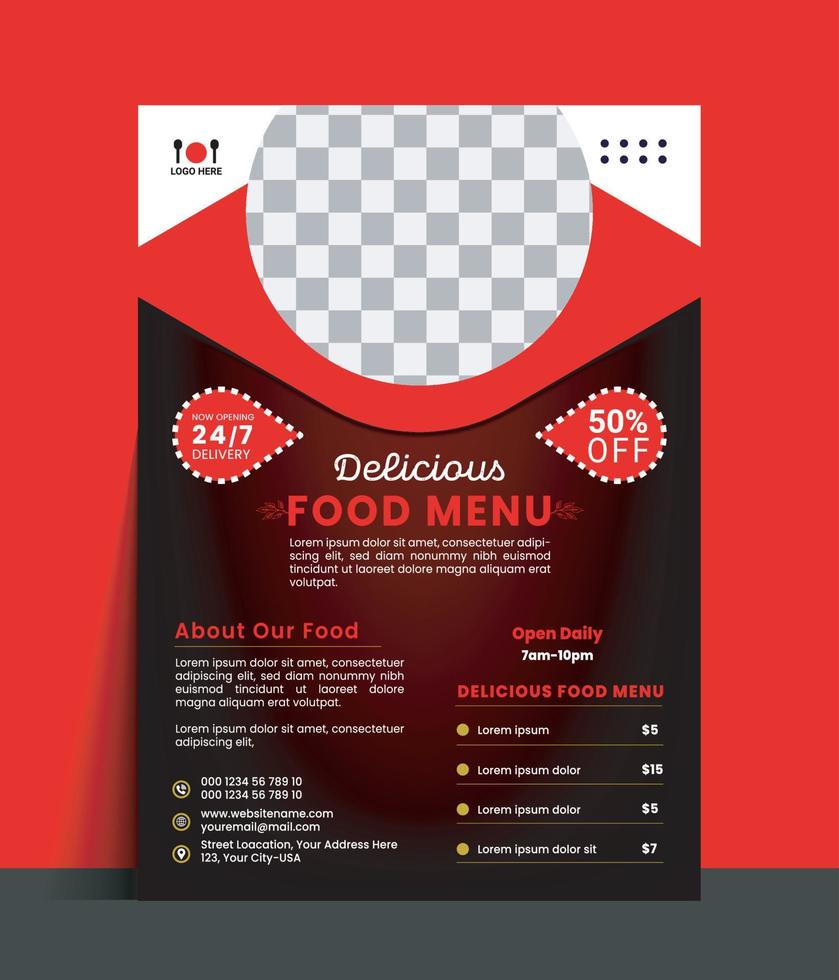 Delicious food menu flyer design vector template in A4 size pro vector