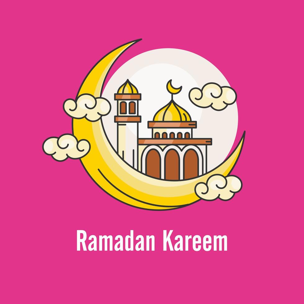 Line art design ramadan kareem with mosque on a crescent. - Vector. vector
