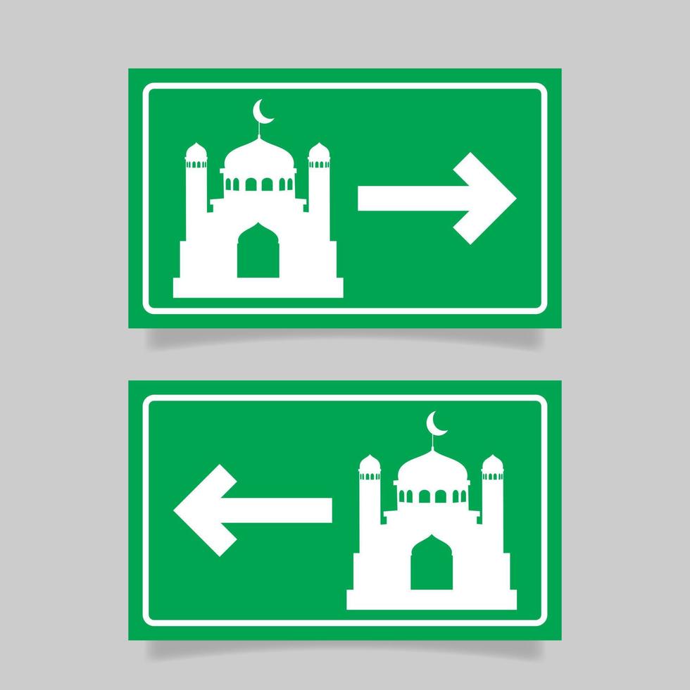 mezquita firmar símbolo icono con flecha, masjid calle firmar símbolo con verde color antecedentes. - vector. vector