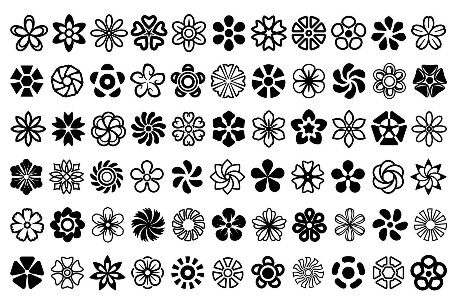 A vector collection of floral design elements. Set of digital graphics with black floral ornament designs. Flower illustrations, icons, symbols isolated on white background.