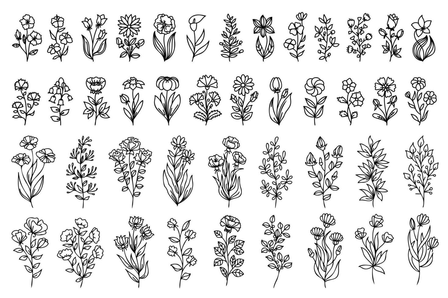 Line art hand drawn, doodle flower designs. Big floral set with thin line flowers. You can use this design for printing, web, decorating in different compositions, postcards, invitations and so on. vector