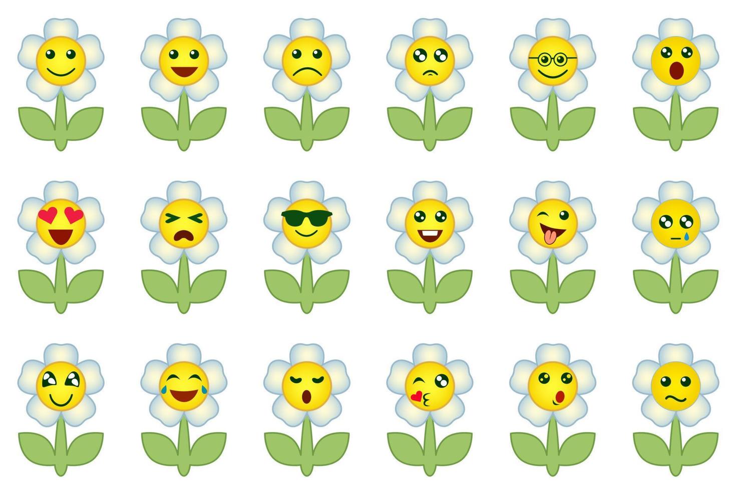 Flower emoticons set. Group of funny flowers, cartoon illustrations with different emotion, happy, sad, laughing and crying. vector