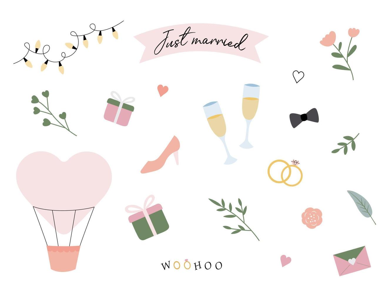 Wedding items just married set. Vector illustration in a flat hand-drawn style. Elements for a greeting card, a invitation or a wedding decor