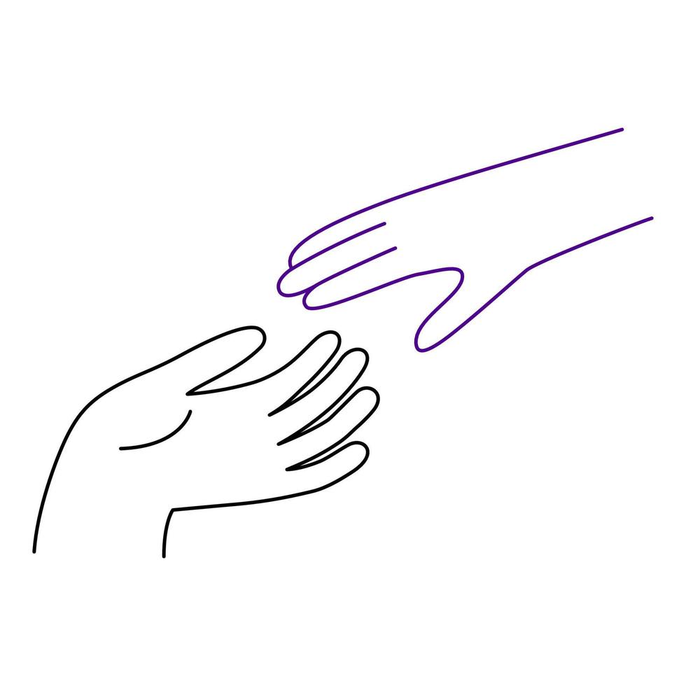 Two hands reach out to each other. Vector illustration in line style. Relationship between lovers or helping concept