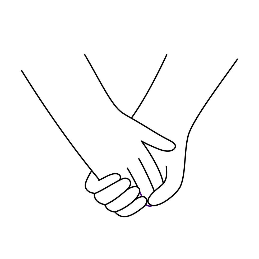 Two hands holding together. Vector illustration in line style. Relationship between lovers concept