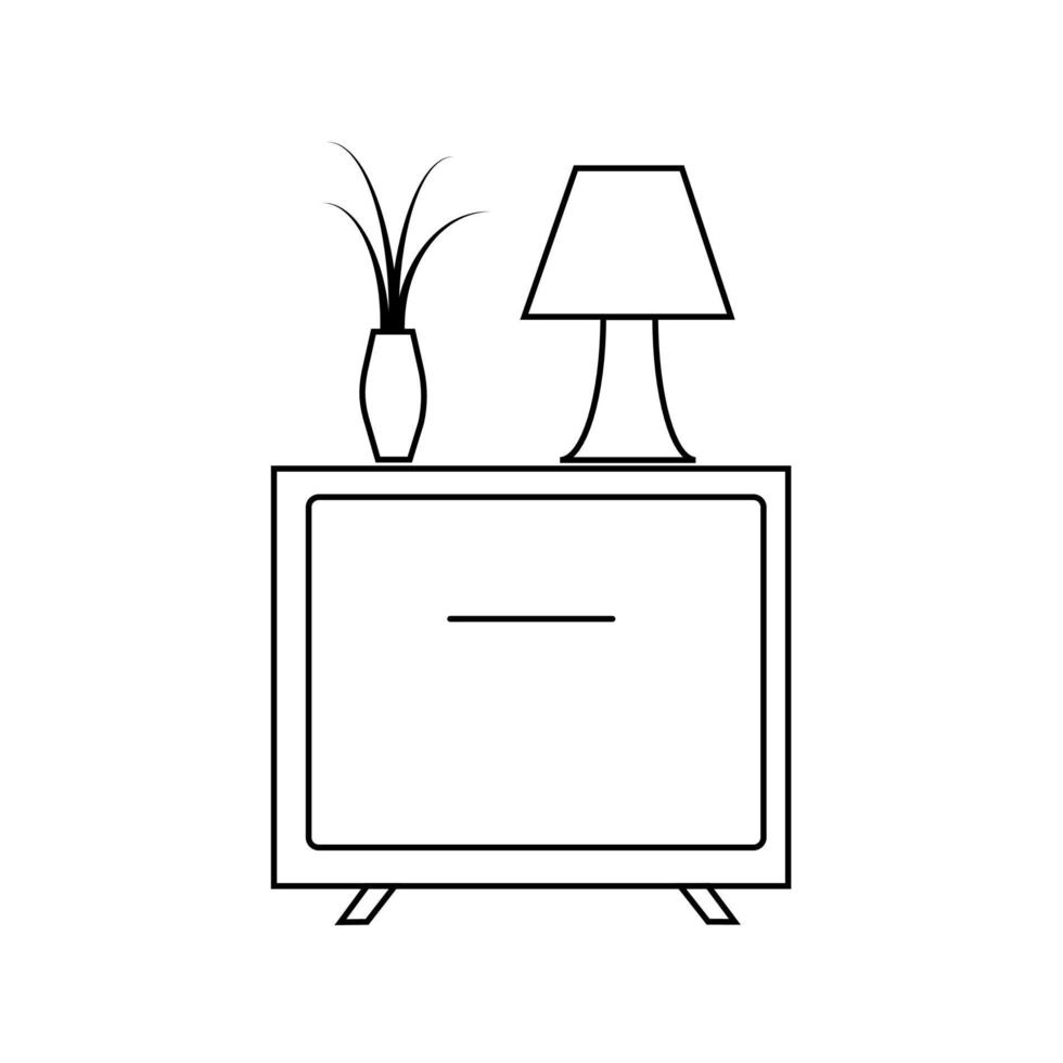 Simple monochrome nightstand with a vase, a plant and a lamp for a bedroom icon in a line style. Vector interior item isolated on a white background