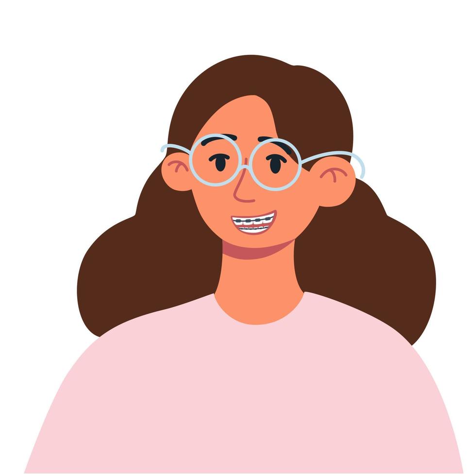 Young girl with braces smiles. Installing braces. Correction of byte. Dentistry. Orthodontics. Installing braces. Metal braces. Straight teeth. Vector illustration in flat style.