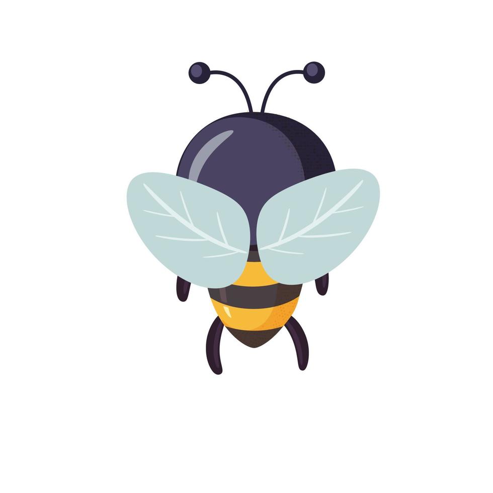 Little bee view from the back. Cartoon bee cute character in flat style. vector