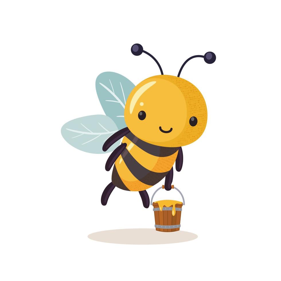 Funny bee with a full bucket of honey. Cartoon bee cute character in flat style vector