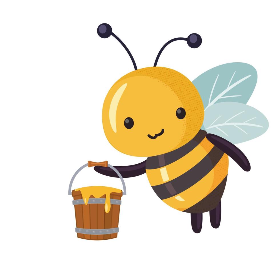 Funny bee with a full bucket of honey. Cartoon bee cute character in flat style vector