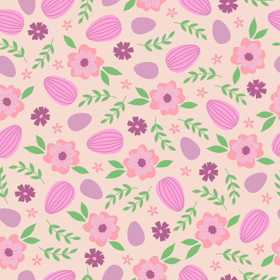 Seamless pattern with branches, flowers and easter eggs on pink background. Template for greeting card, invitation, poster, print. vector