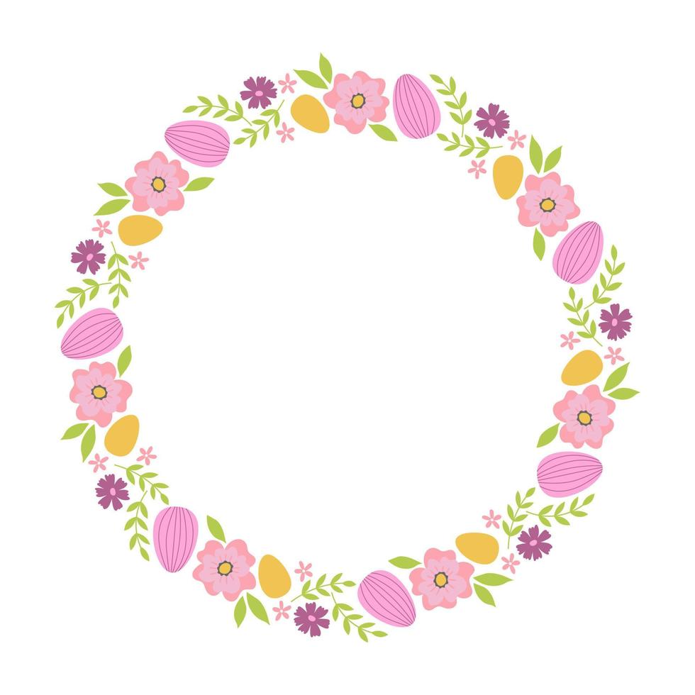 Colorful frame with flowers, leaves and easter eggs. Design element for greeting card, invitation, poster, social media vector
