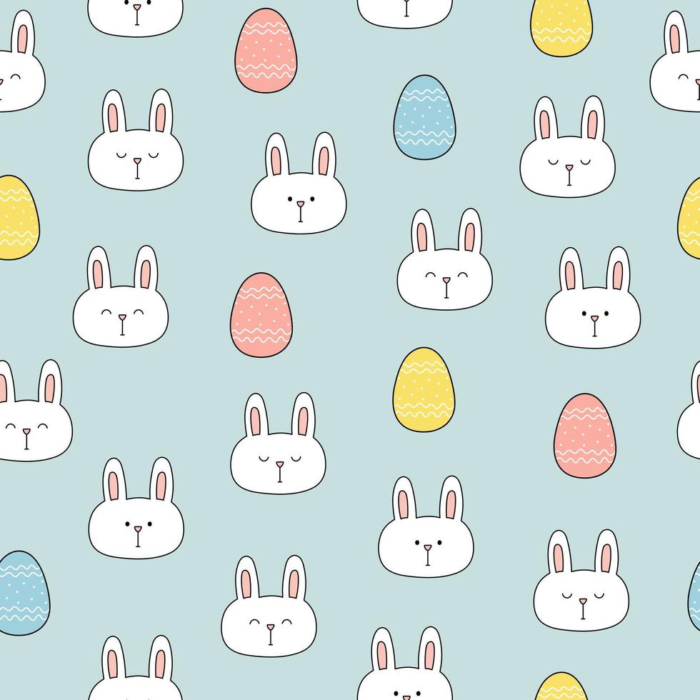 Seamless pattern with cute bunny heads and Easter eggs on blue background. Template for baby design, Easter decor. vector