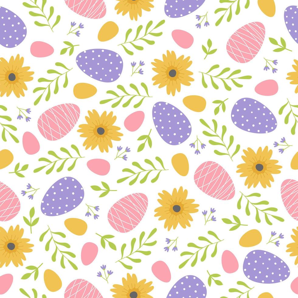 Seamless pattern with branches, flowers and easter eggs on white background. Template for greeting card, invitation, poster, print. vector