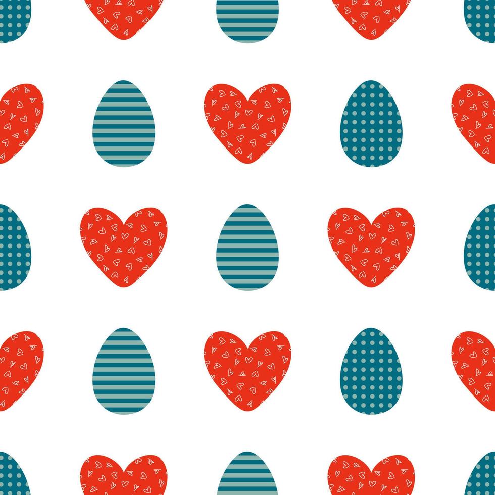 Easter seamless pattern with striped and dotted eggs and doodle hearts. Perfect print for tee, paper, fabric, textile. vector
