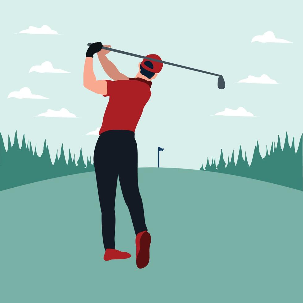 vector ilustraciones - hombre columpio golf palo en el golf campo - plano dibujos animados estilo