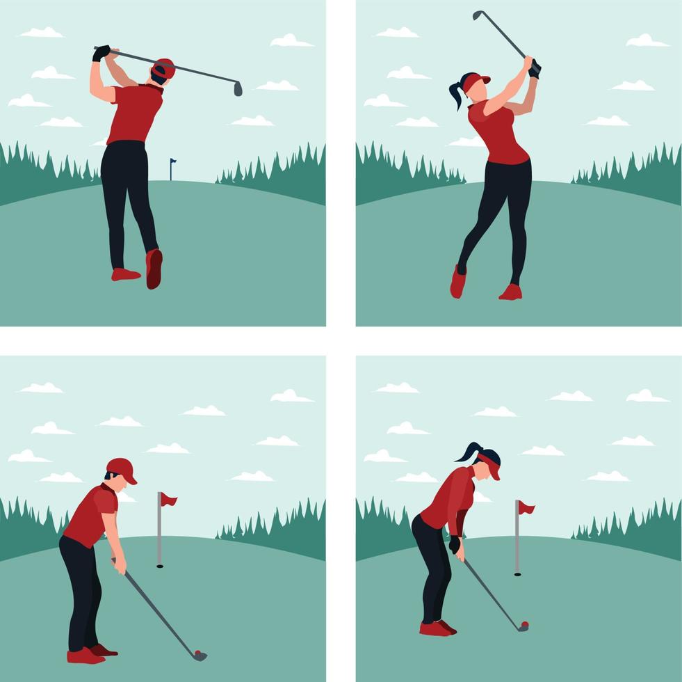 vector ilustraciones - hombre columpio golf palo en el golf campo - plano dibujos animados estilo