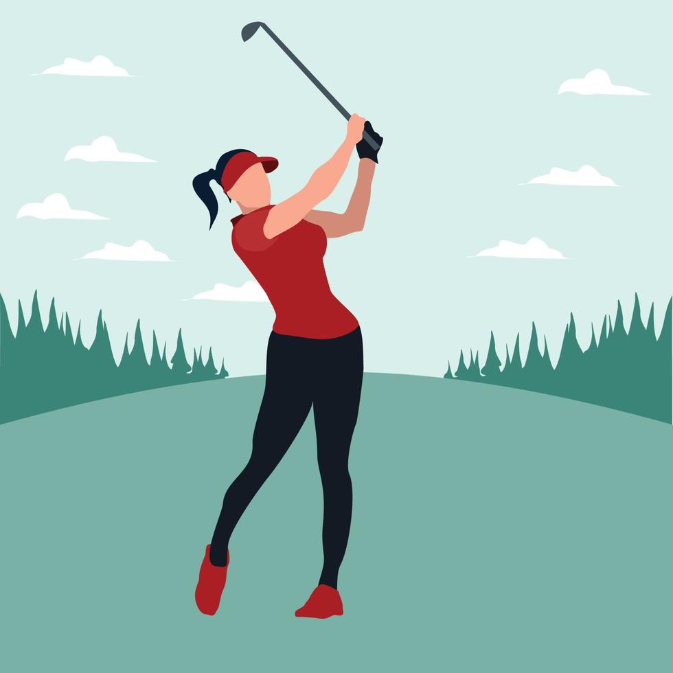 vector ilustraciones - mujer columpio golf palo en el golf campo - plano dibujos animados estilo