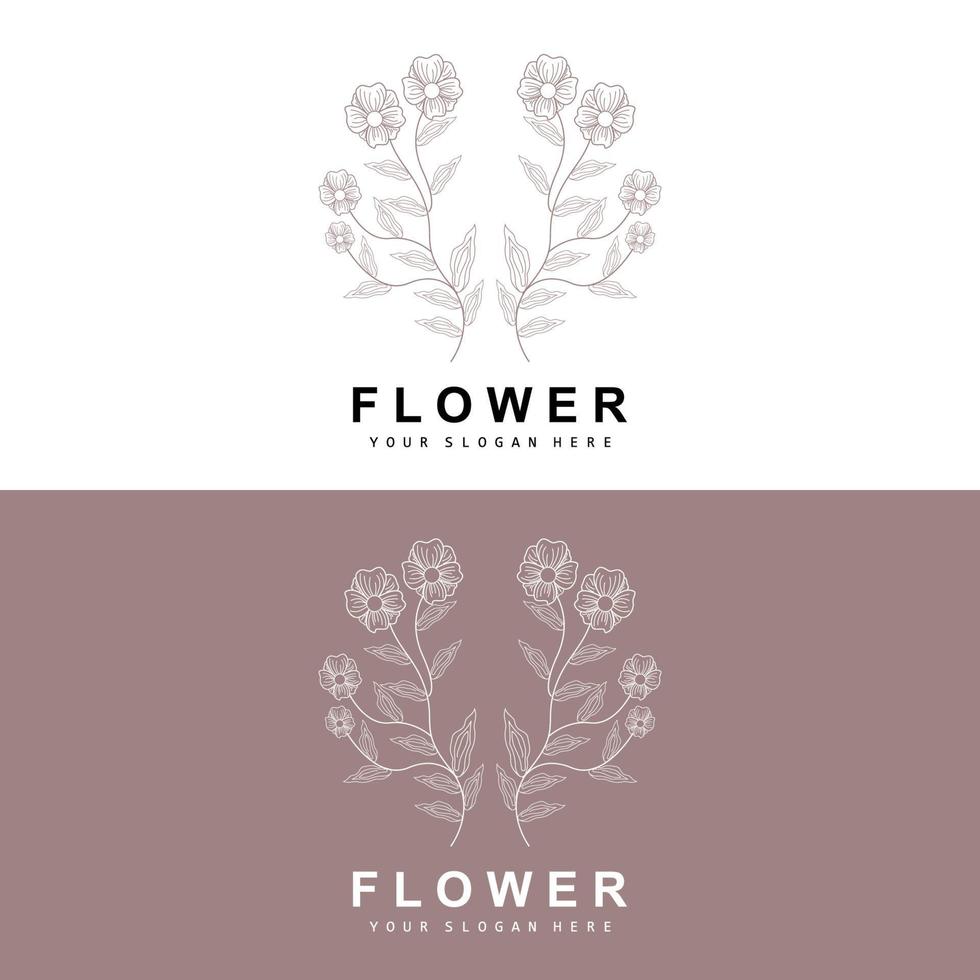 Simple Botanical Leaf and Flower Logo, Vector Natural Line Style, Decoration Design, Banner, Flyer, Wedding Invitation, and Product Branding