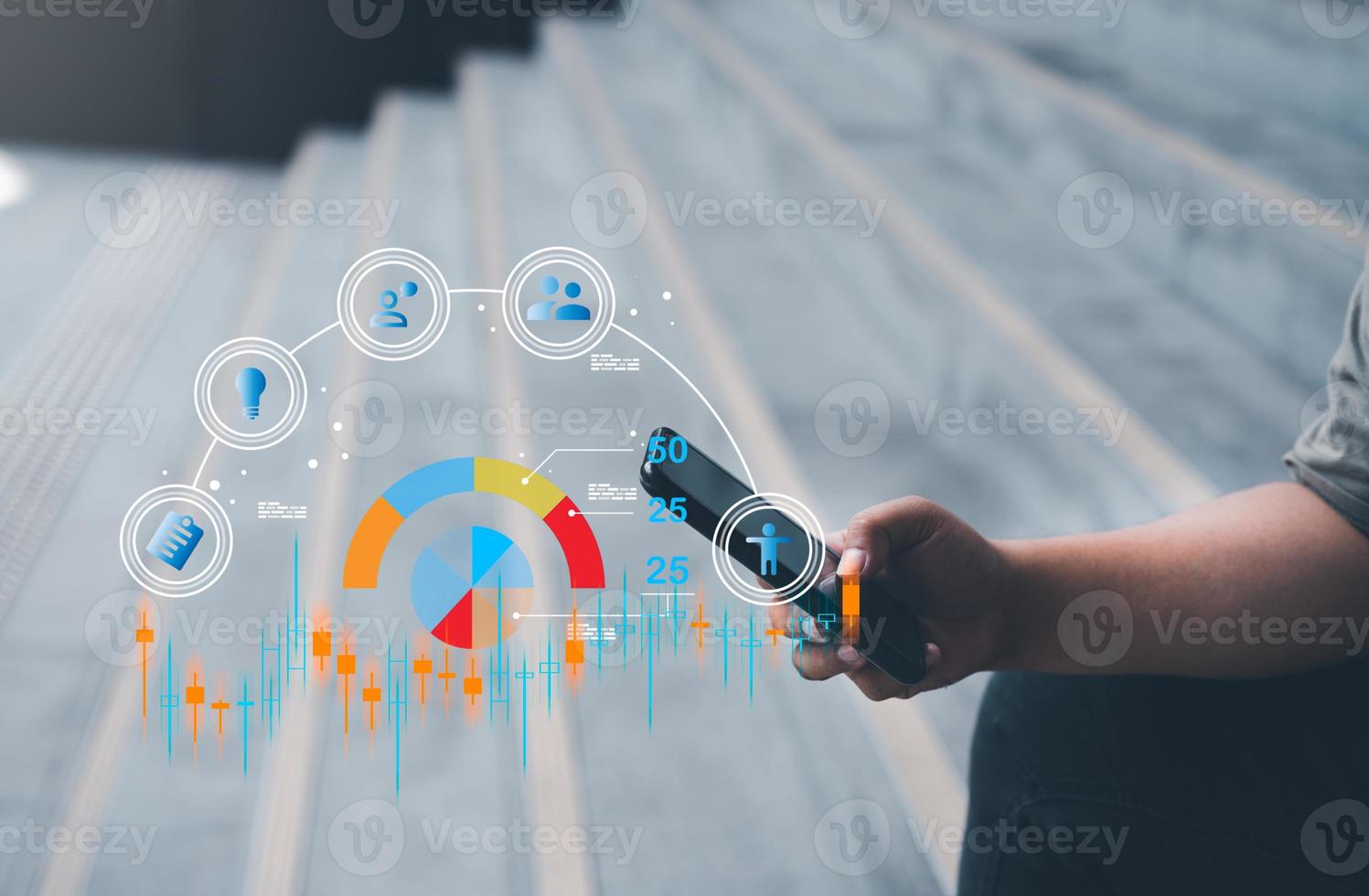 Analyst working with Business Analytics and Data Management System on computer, make a report with KPI and metrics connected to database. Corporate strategy for finance, operations, sales, marketing. photo