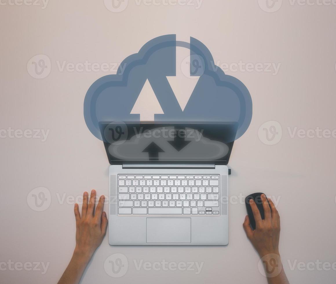 cloud computing technology concept, women hands working with computer and mouse in concept of cloud storage photo