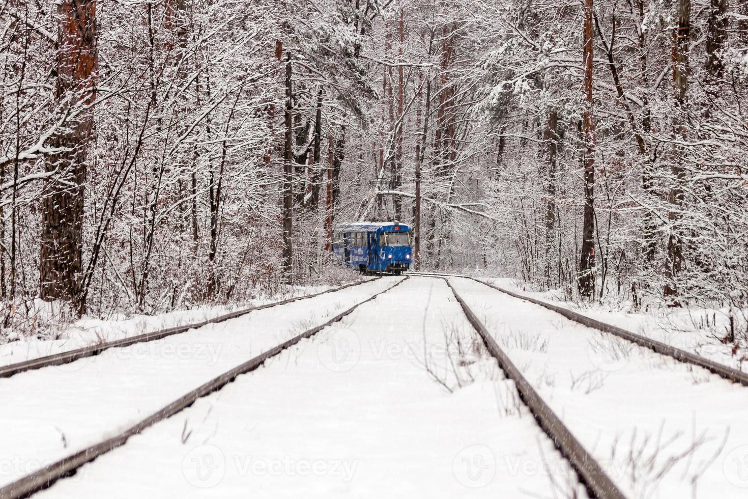 An old tram moving through a winter forest photo