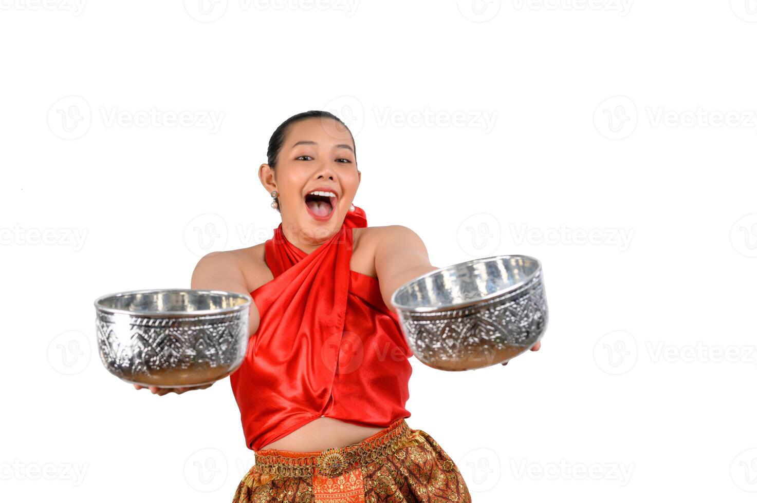 Portrait beautiful woman in Songkran festival with water bowl photo