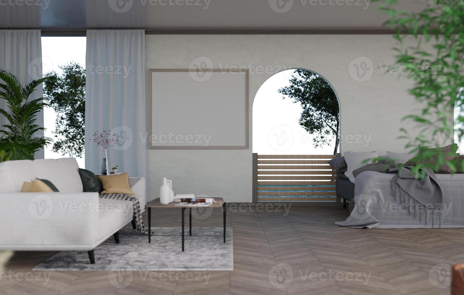 3D mockup blank photo frame in living room rendering