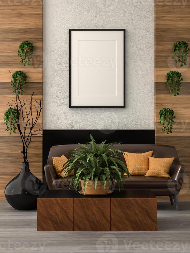 3D illustration Mockup photo frame in living room rendering