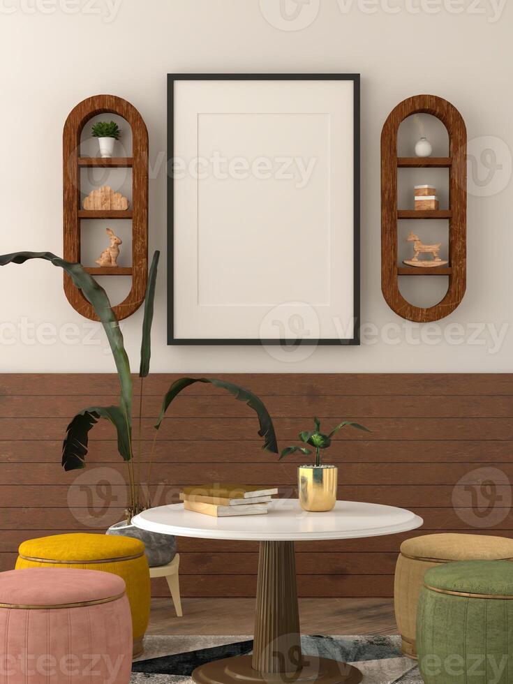 3D illustration mockup blank photo frame in living room rendering