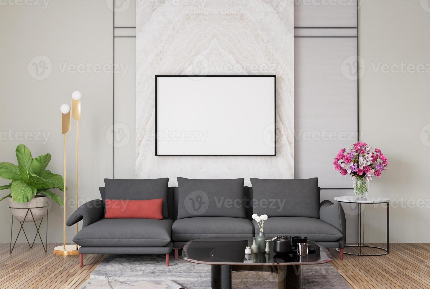 3D illustration Mockup blank photo frame in living room rendering